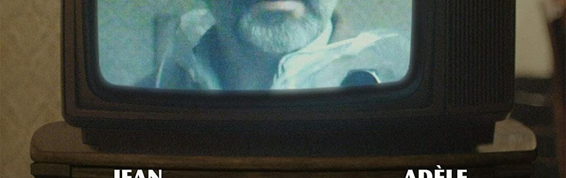 Affiche du Daim, avec Dujardin de face dans un poste de télévision, portant chapeau et blouson en daim.